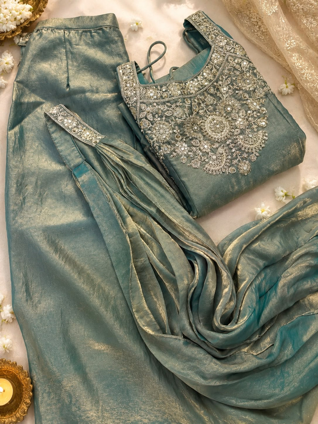 Vesh Dusty Teal Metallic Sheen Tissue Silk Sharara Set