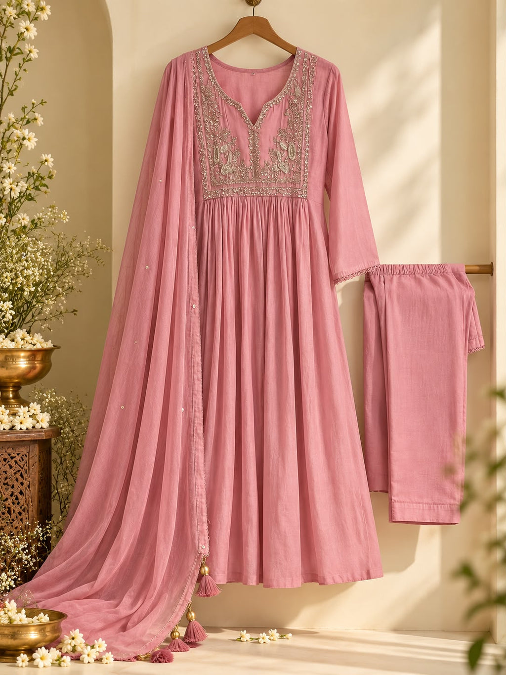 Vesh Soft Pink Hand Embroidered Maslin Silk Anarkali Kurta Set