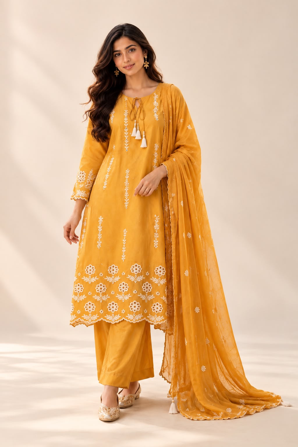 Vesh Mustard Cotton Silk Thread Embroidered Kurta Set
