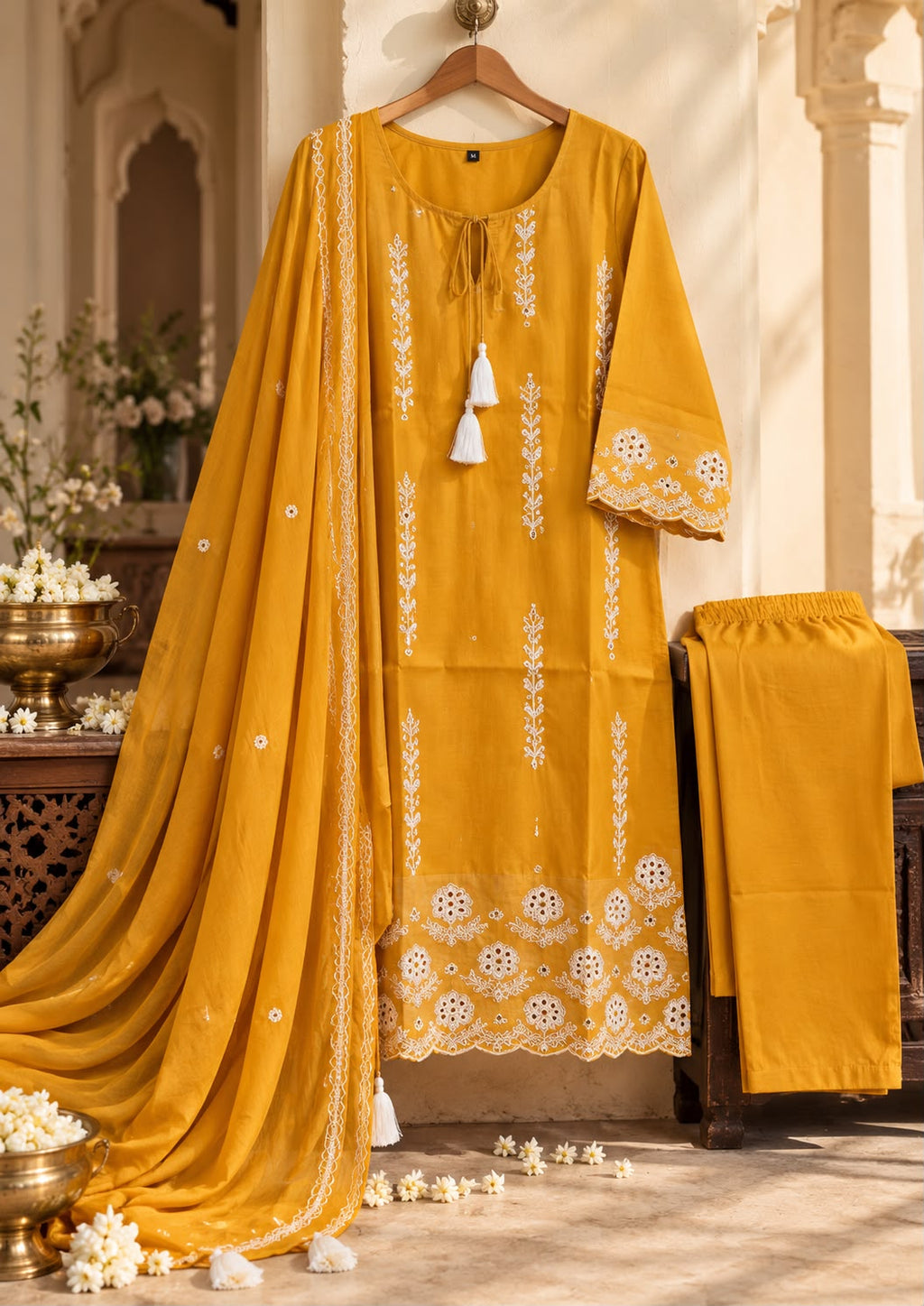 Vesh Mustard Cotton Silk Thread Embroidered Kurta Set
