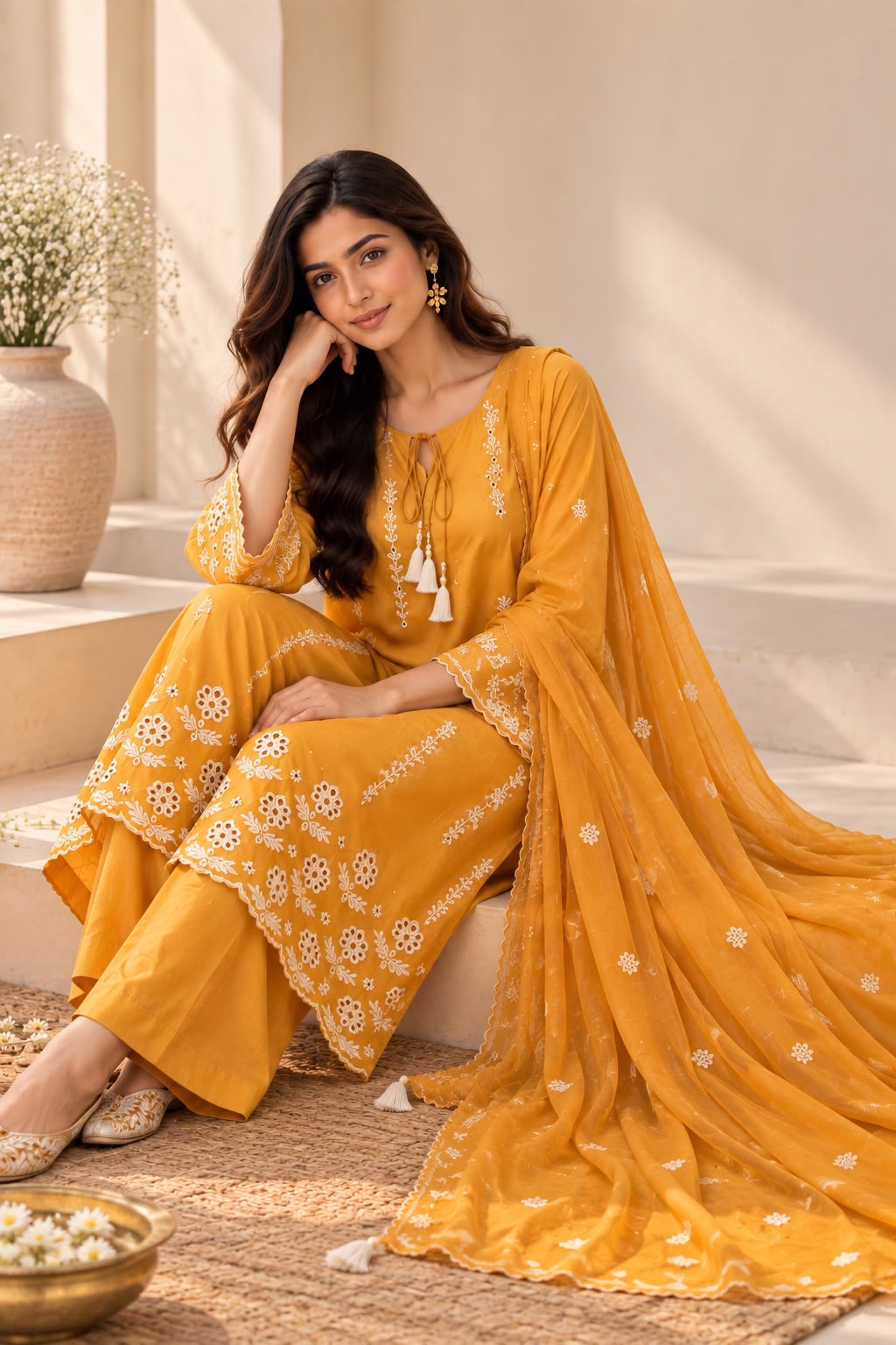 Vesh Mustard Cotton Silk Thread Embroidered Kurta Set