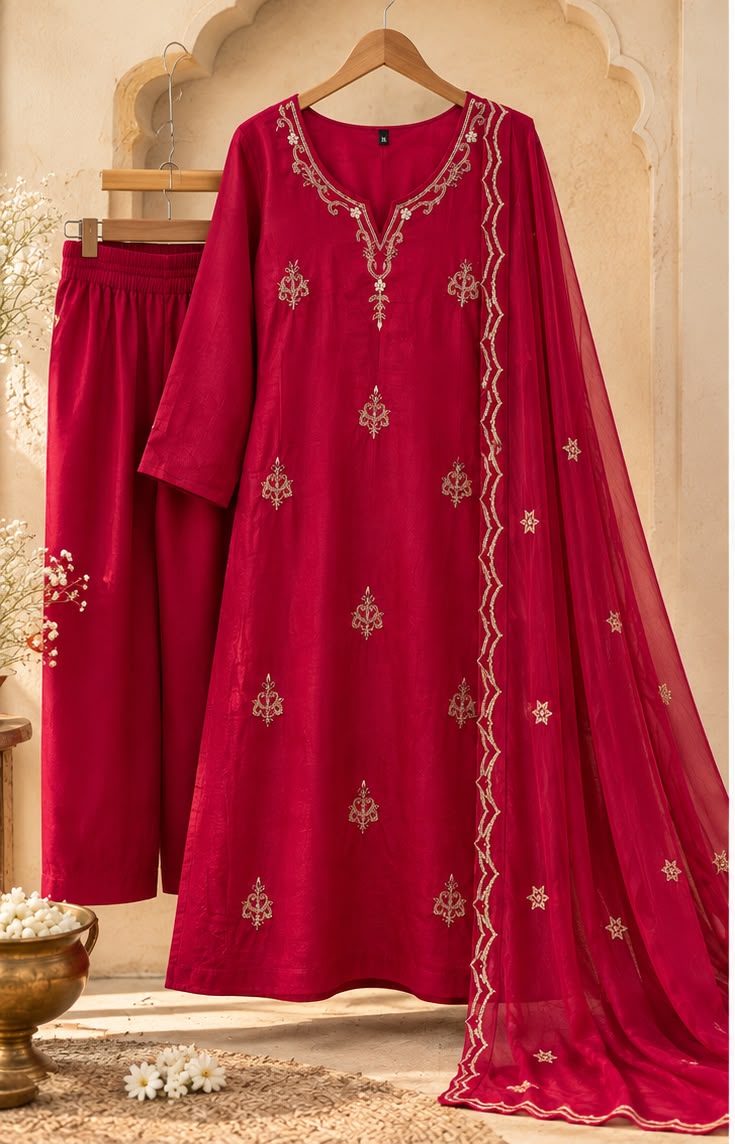 Vesh Rani Pink Mull Silk Minimal Embroidered A Line Kurta Set