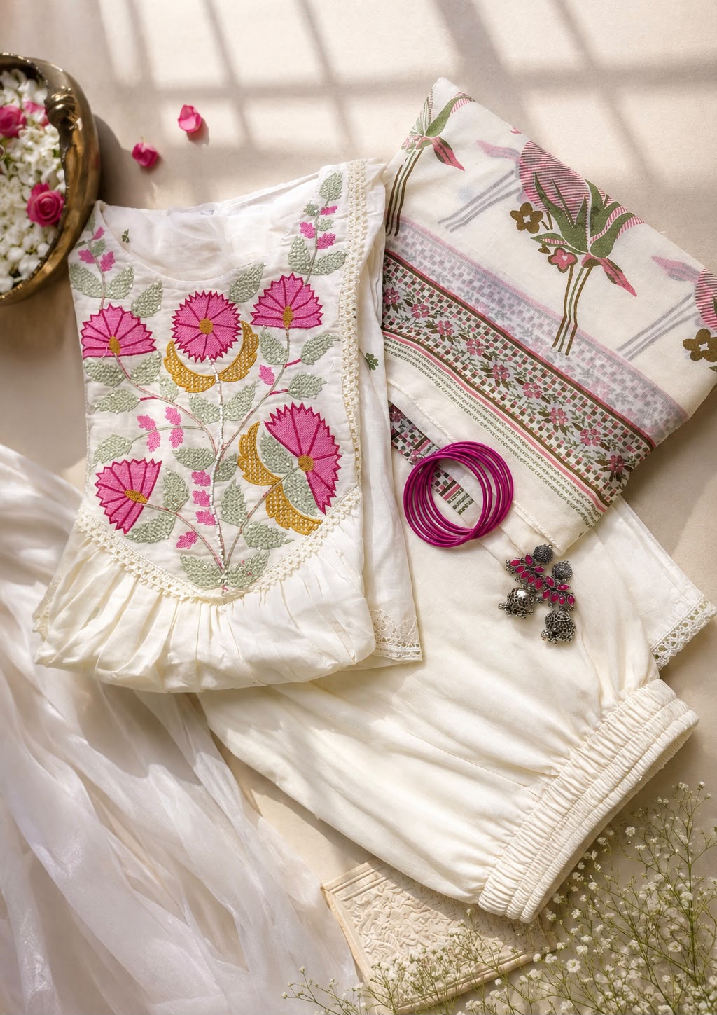 Vesh Cream Floral Cotton Pearl Embroidered Anarkali Kurta Set