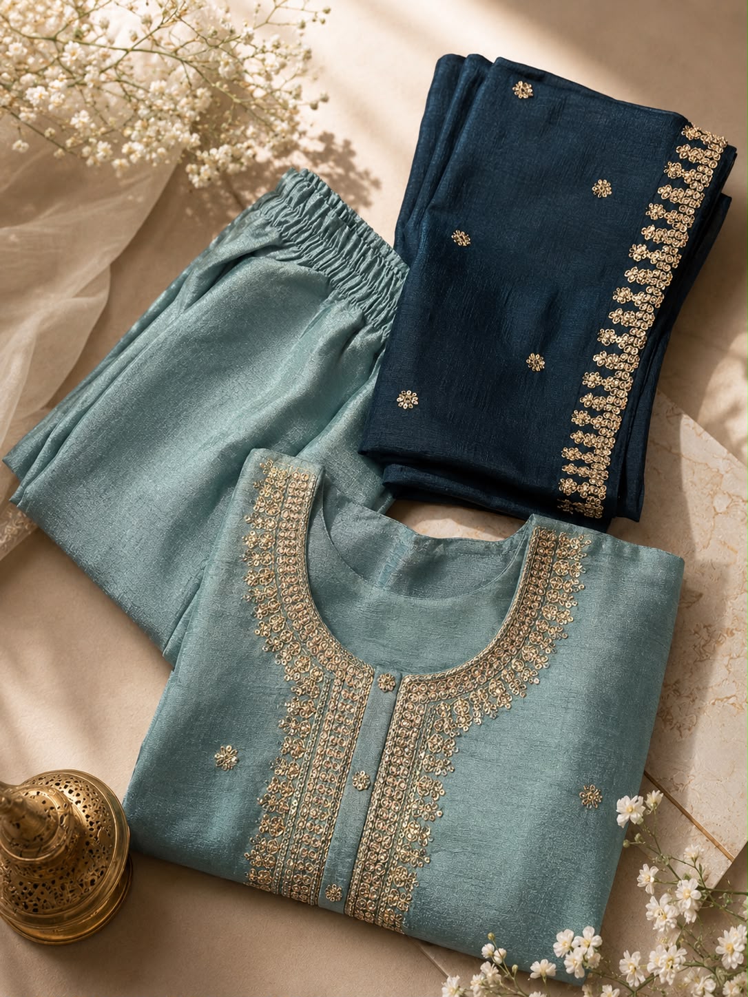 Vesh Martin Teal Jaguar Silk  Embroidered Kurta Set