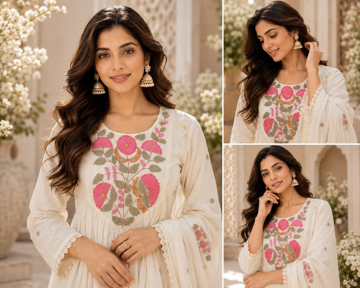 Vesh Cream Floral Cotton Pearl Embroidered Anarkali Kurta Set