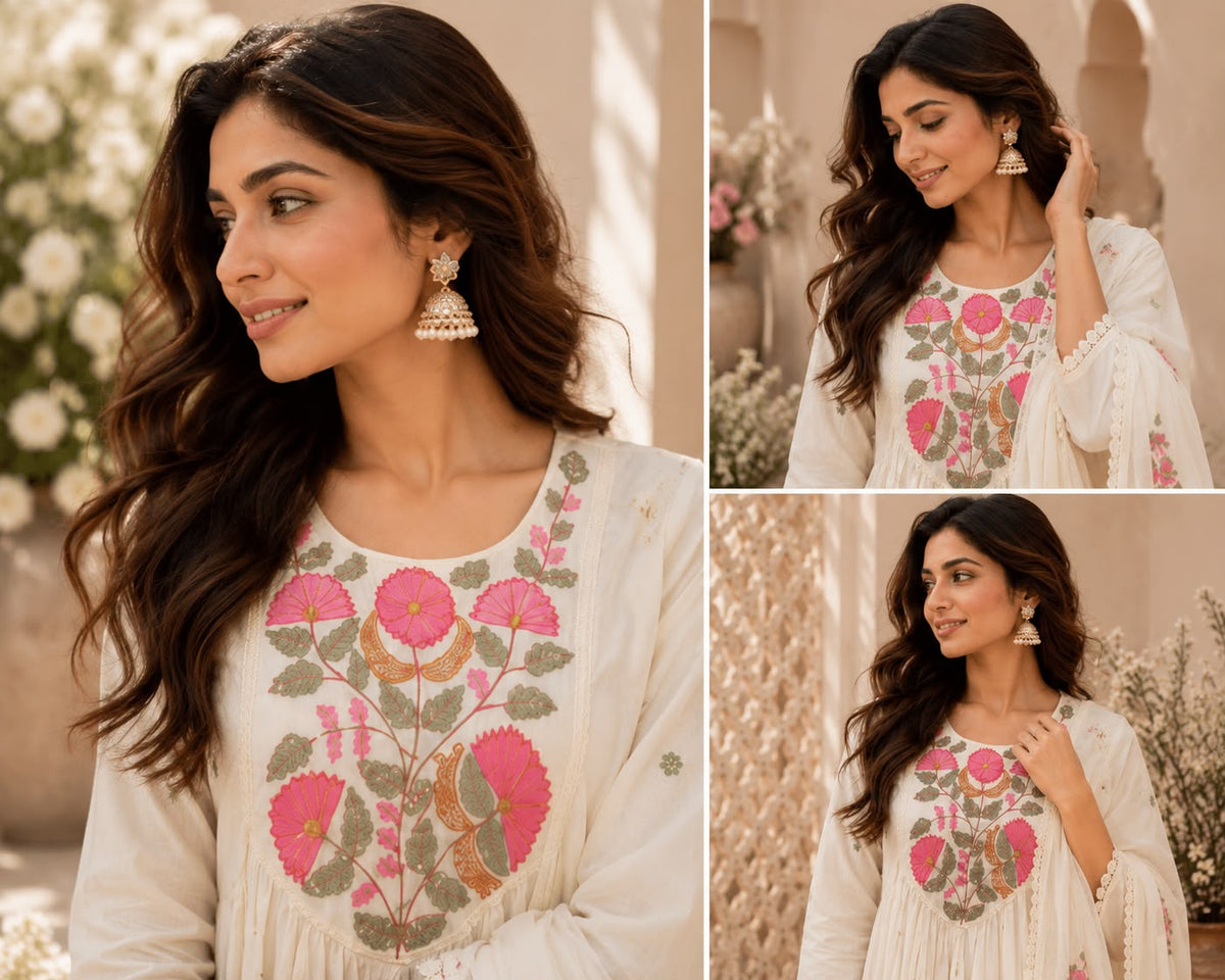 Vesh Cream Floral Cotton Pearl Embroidered Anarkali Kurta Set