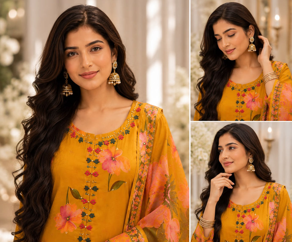 Vesh Mustard Yellow Cotton Digital Print Kurta Set