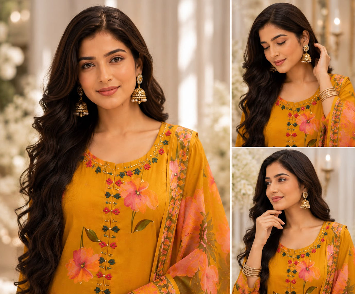 Vesh Mustard Yellow Cotton Digital Print Kurta Set