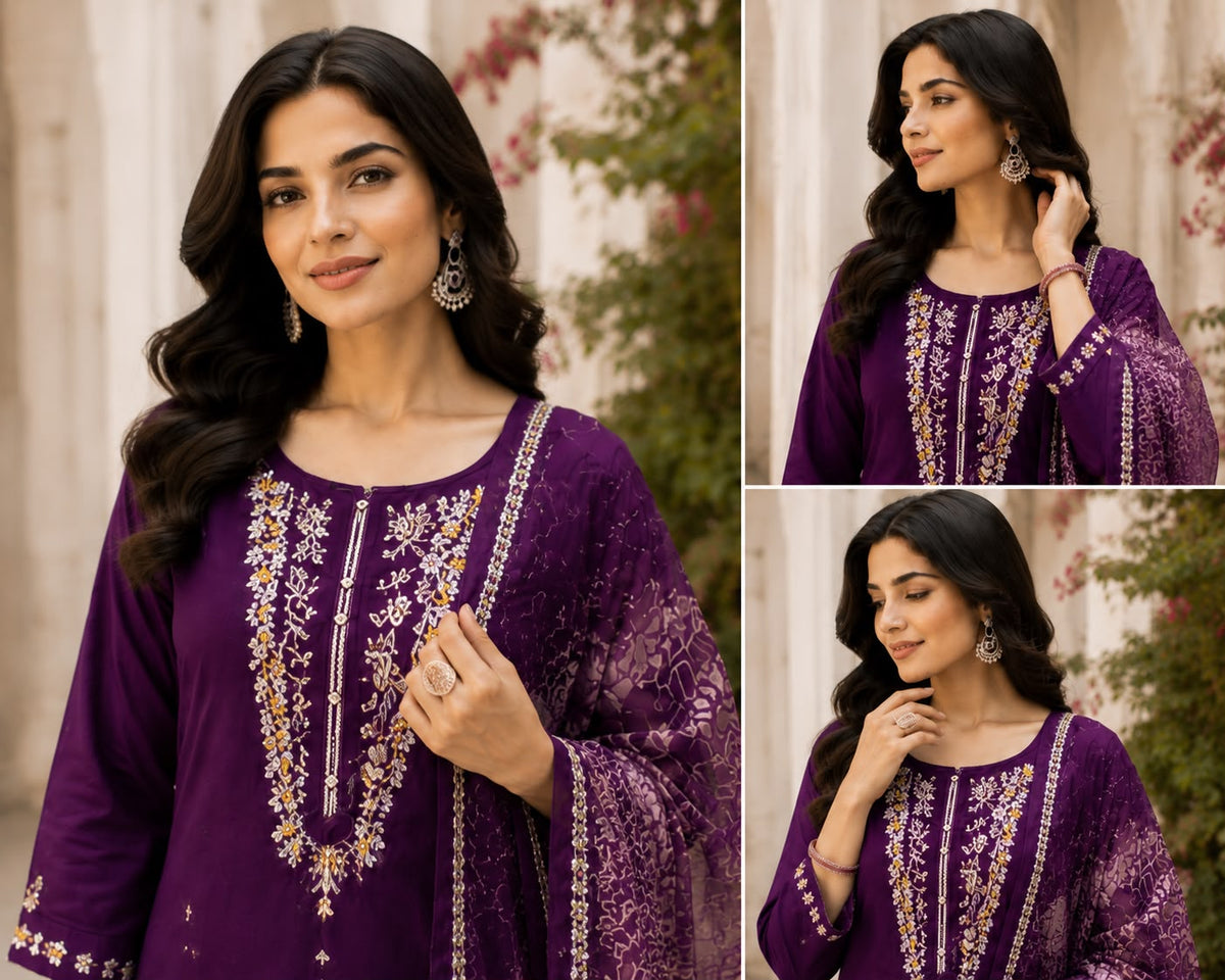 Vesh Grape Purple Yoke Design Chanderi kurta set