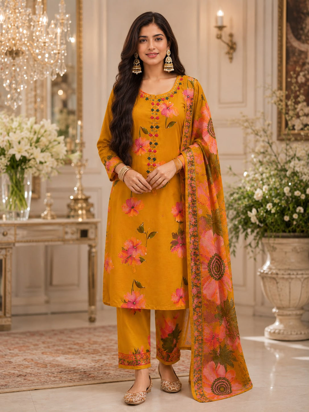 Vesh Mustard Yellow Cotton Digital Print Kurta Set