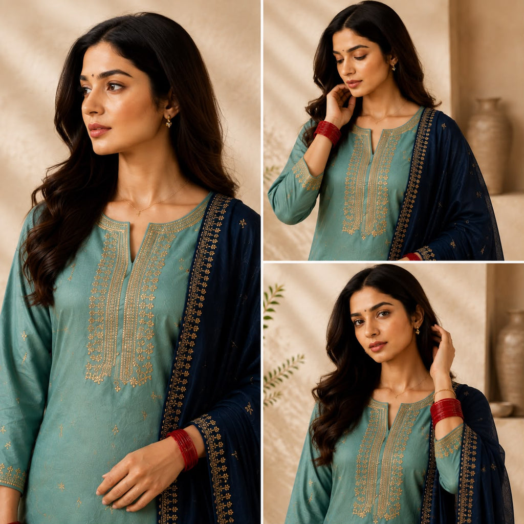 Vesh Martin Teal Jaguar Silk  Embroidered Kurta Set