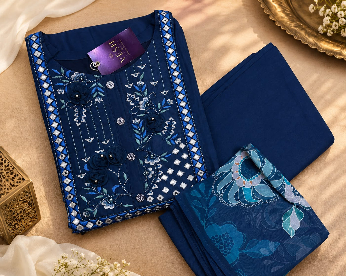 Vesh Blue Motif Silk Blend Kurta Set