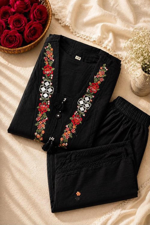 Vesh Black Mull Cotton Embroidered A Line Kurta Set
