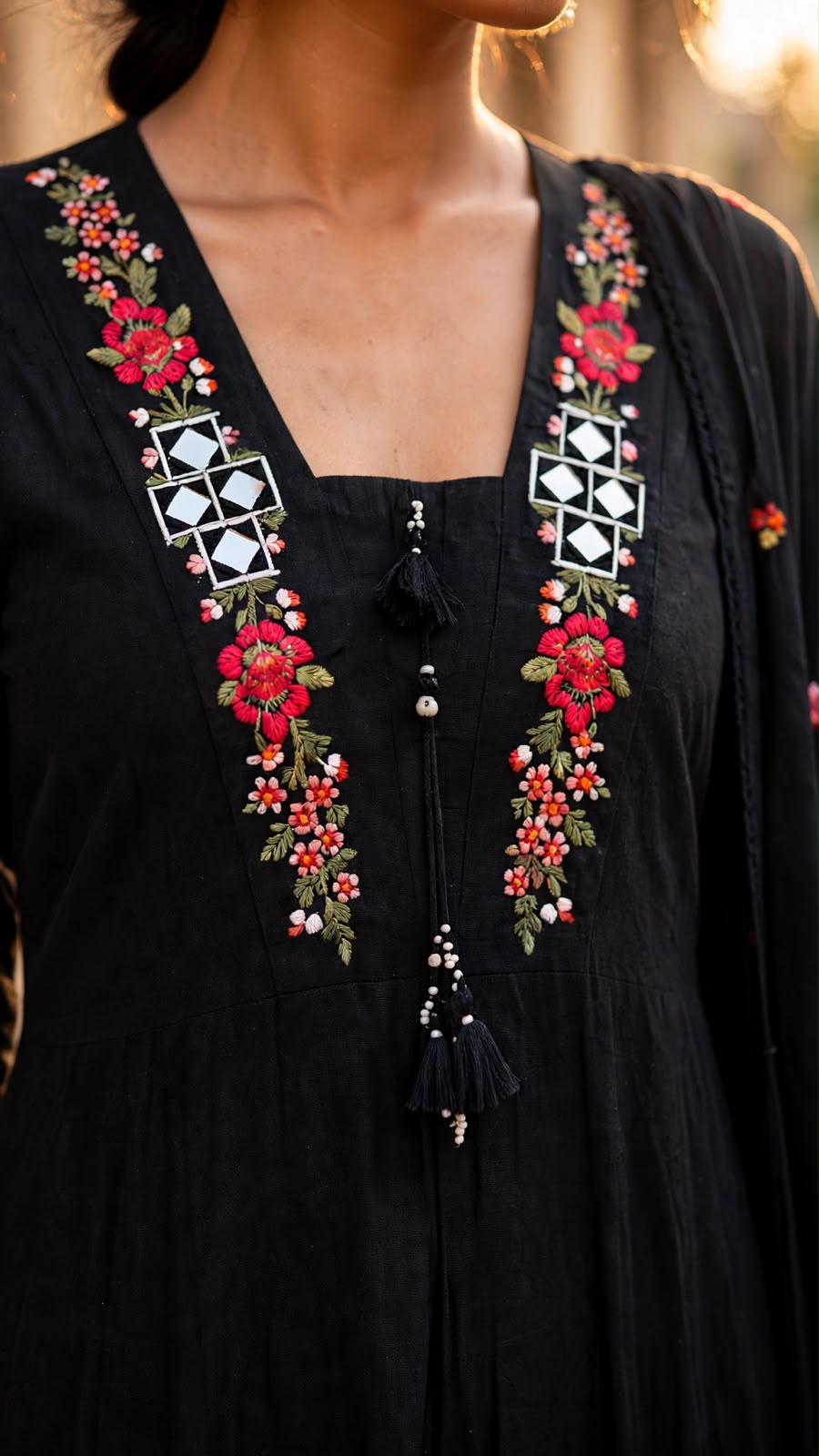 Vesh Black Mull Cotton Embroidered A Line Kurta Set
