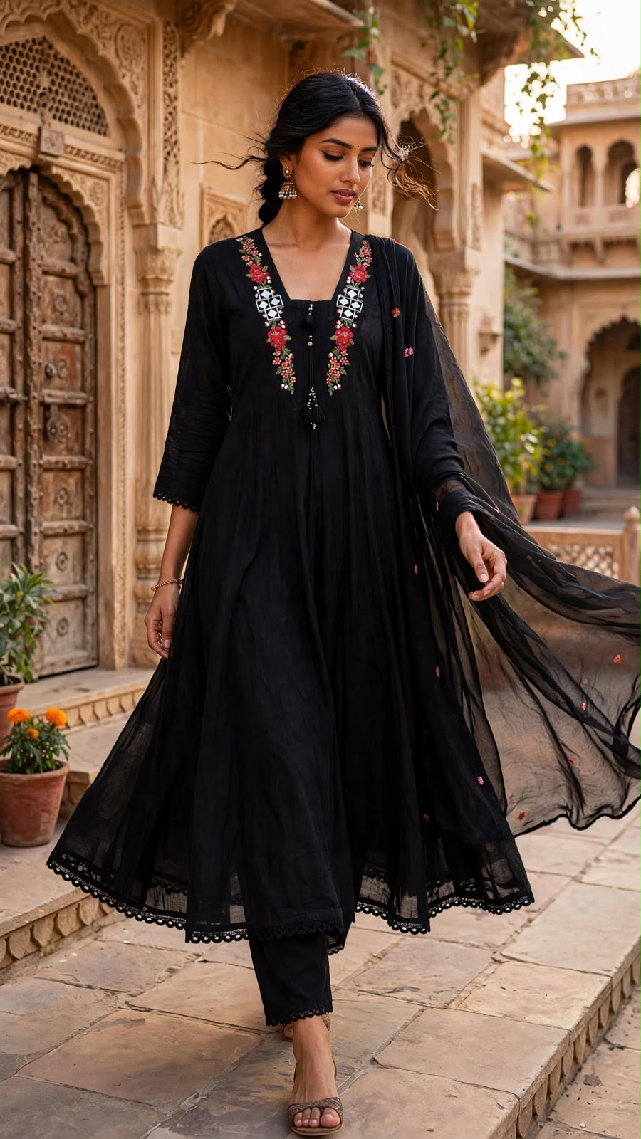 Vesh Black Mull Cotton Embroidered A Line Kurta Set