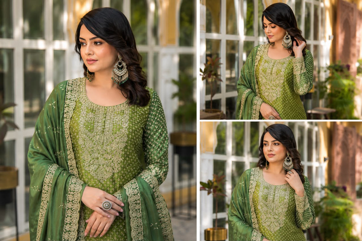Vesh Rich Green Bandhej Kurta Set