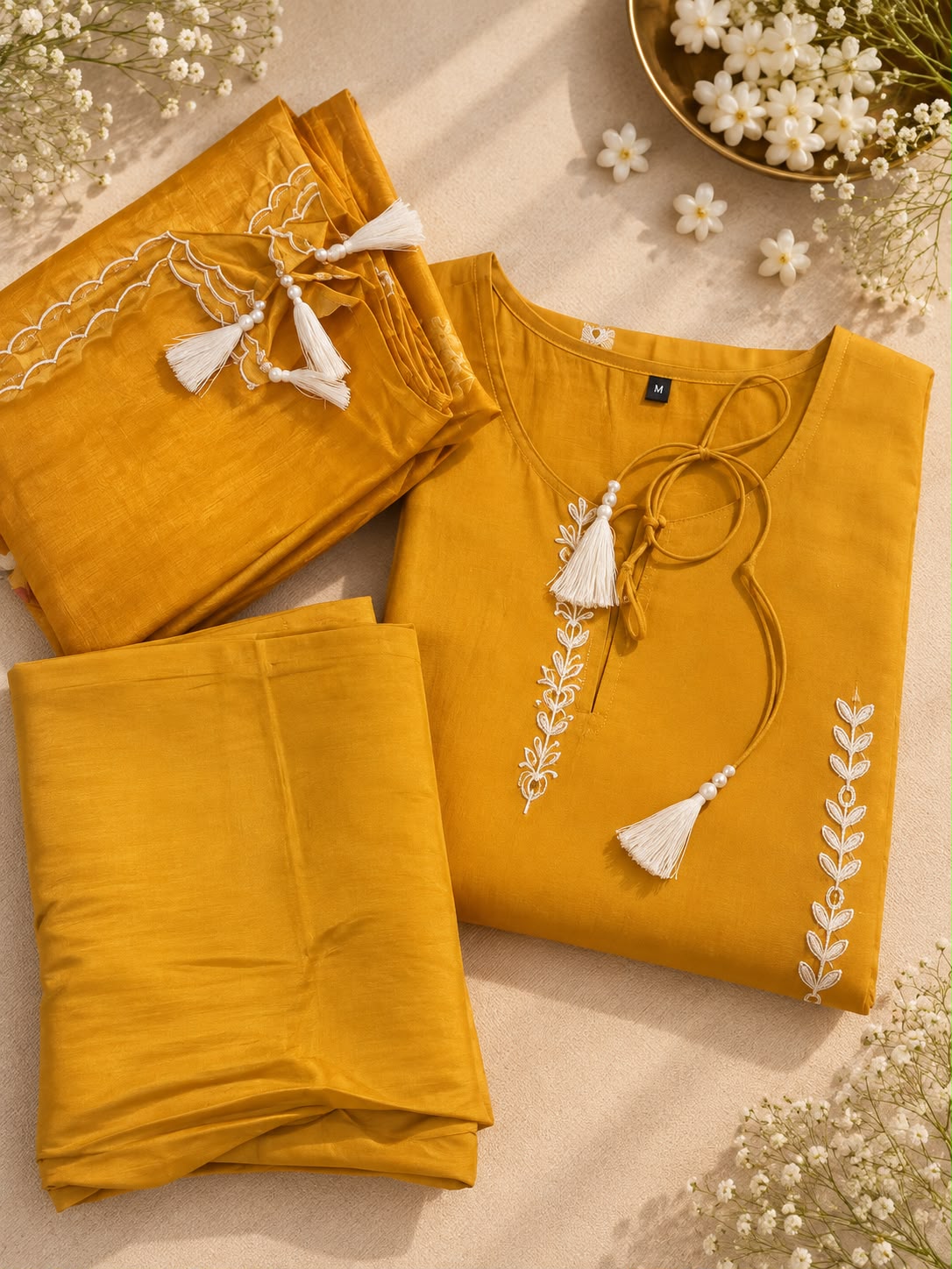 Vesh Mustard Cotton Silk Thread Embroidered Kurta Set