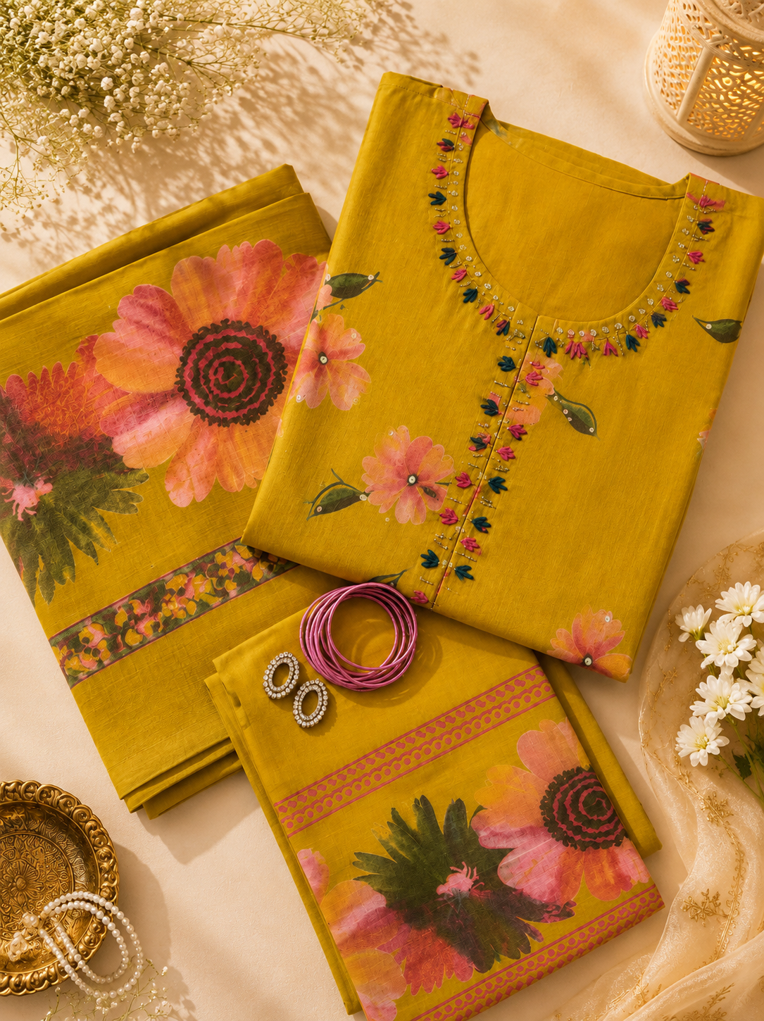 Vesh Mustard Yellow Cotton Digital Print Kurta Set