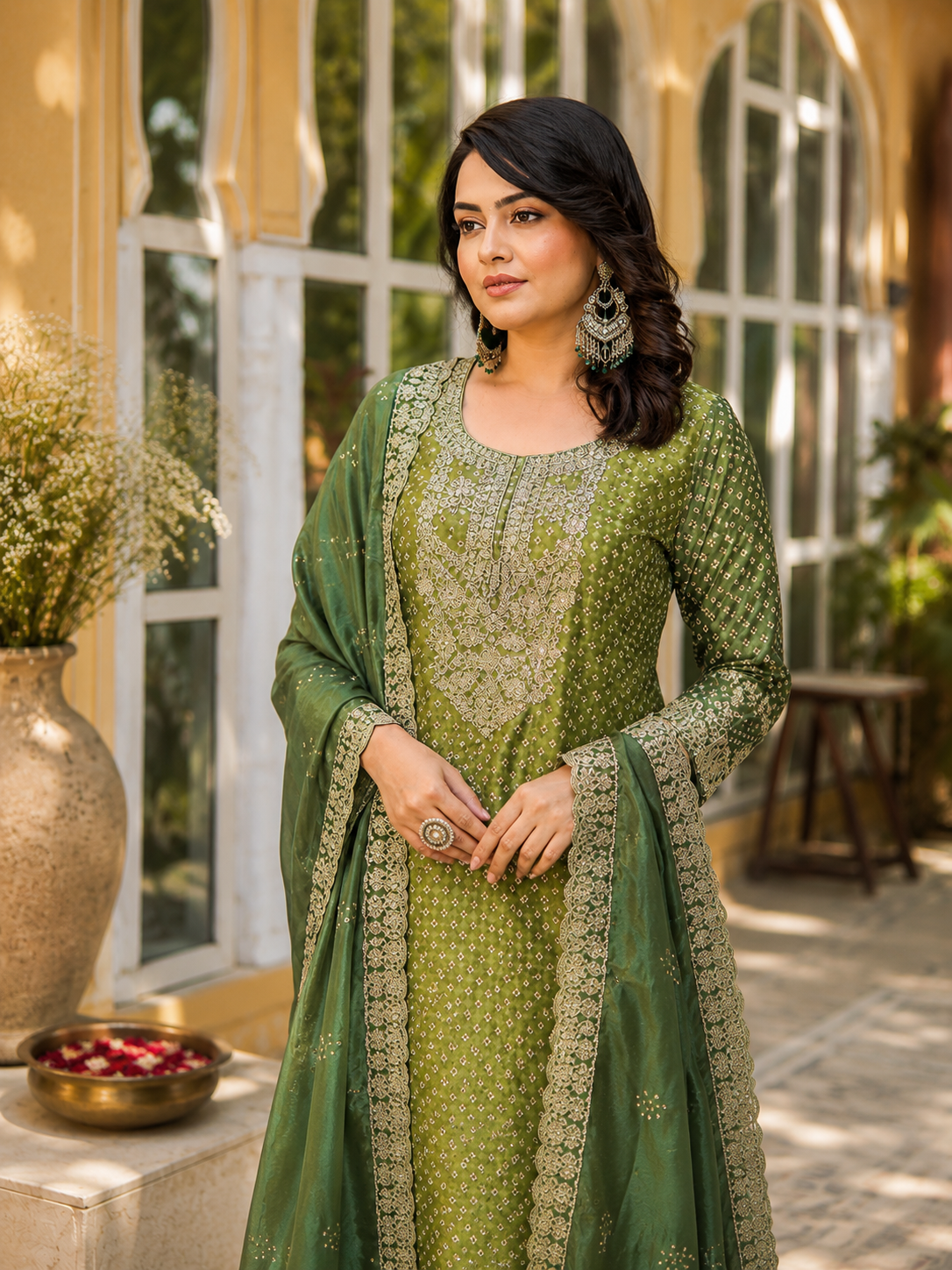 Vesh Rich Green Bandhej Kurta Set