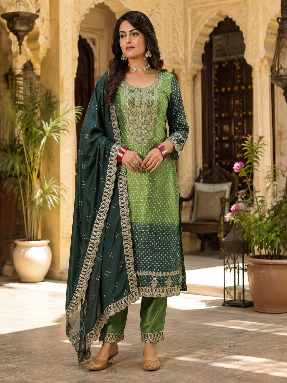 Vesh Rich Green Bandhej Kurta Set