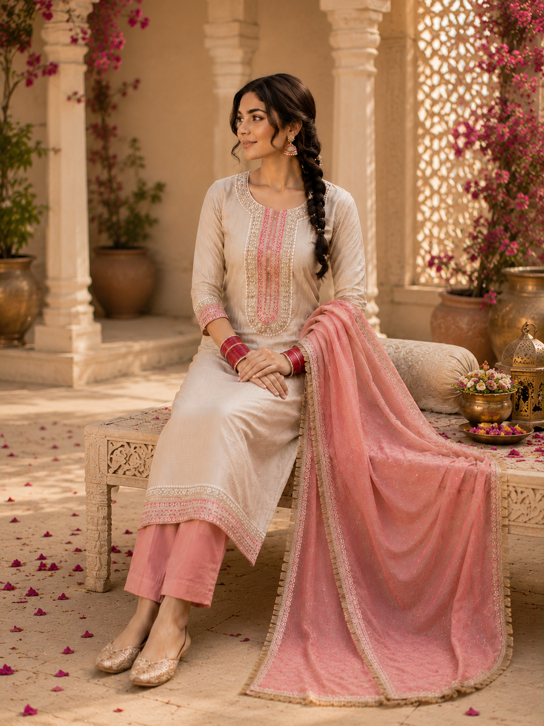 Vesh Cream & Pink Chanderi Kurta Set