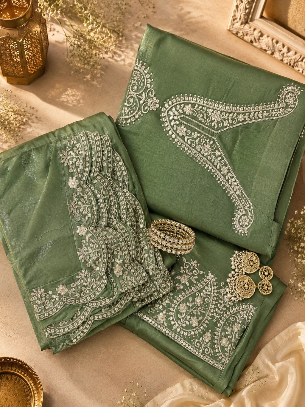 Vesh Sea Green Thread Embroidered Tissue Kurta Set