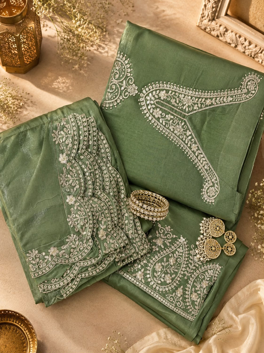 Vesh Sea Green Thread Embroidered Tissue Kurta Set