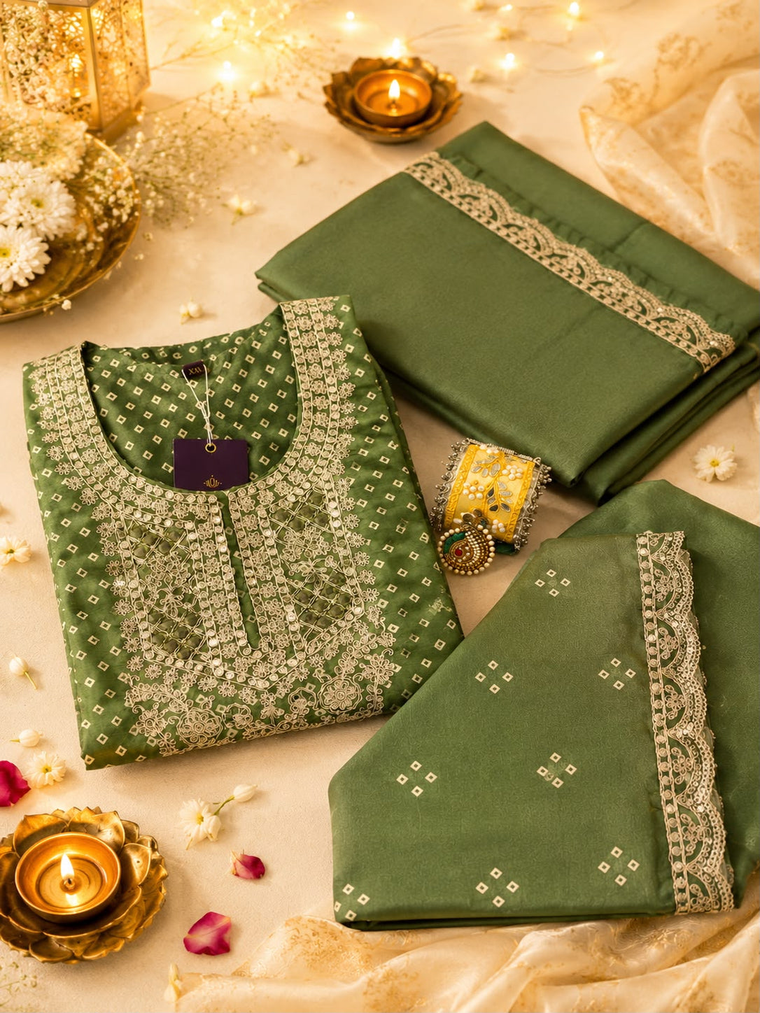 Vesh Rich Green Bandhej Kurta Set